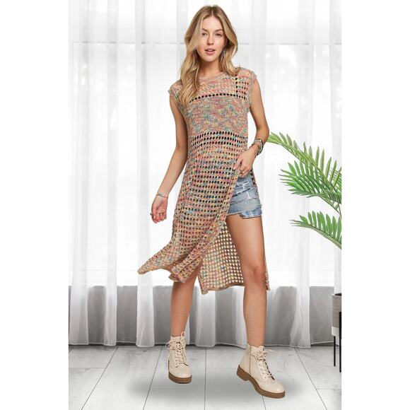 ADORA Multi Color Sleeveless Round Neck Side Slit Crochet Tunic Top | Rainbow - Picture 6 of 6